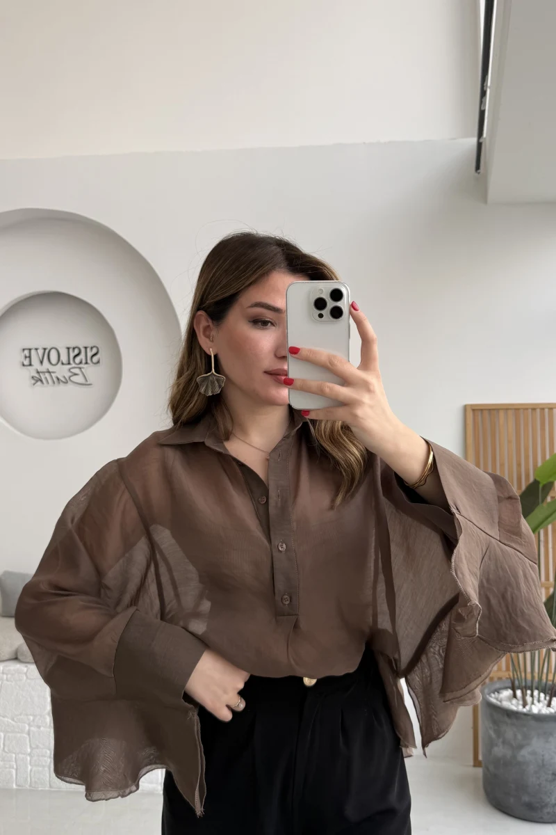 Polo Yaka Fırfırlı Bluz - Kahve - Kod: 5031