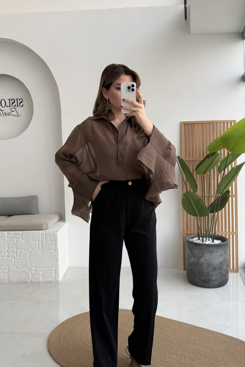 Pileli Palazzo Dökümlü Kumaş Pantolon - Siyah - Kod: 51078