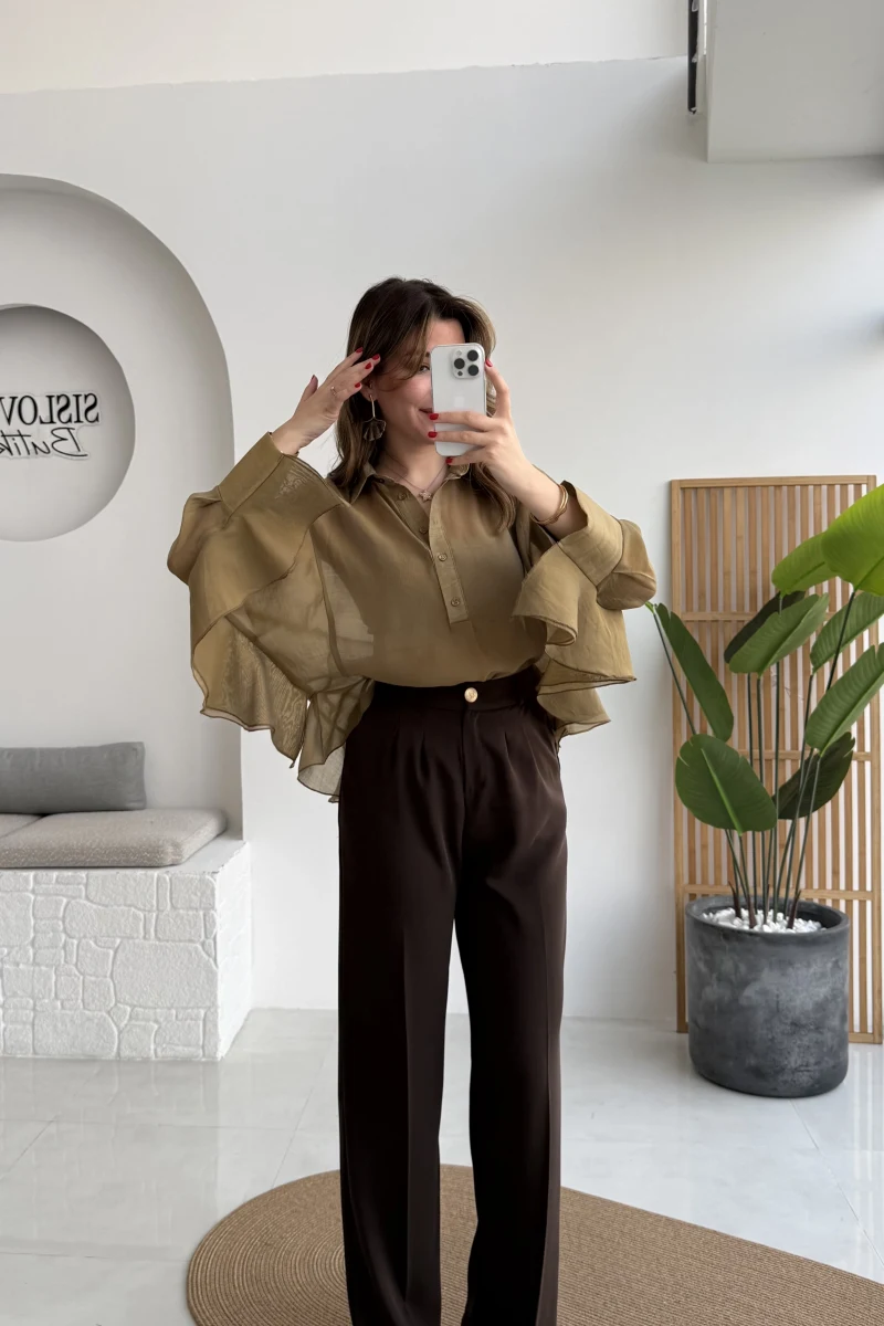 Pileli Palazzo Dökümlü Kumaş Pantolon - Kahve - Kod: 51078