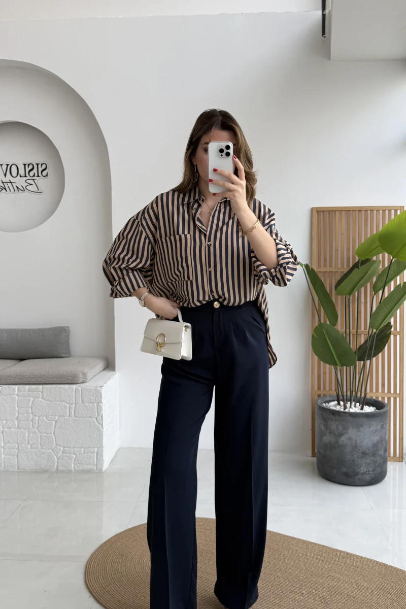 Pileli Palazzo Dökümlü Kumaş Pantolon - Lacivert - Kod: 51078