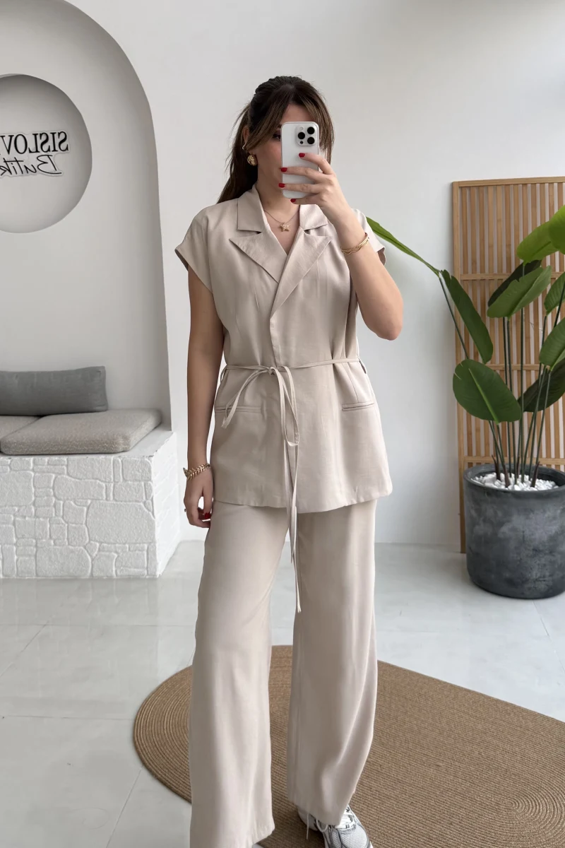 İp Bağlamalı Yelek Pantolon Takım - Taş - Kod: 8021 4041