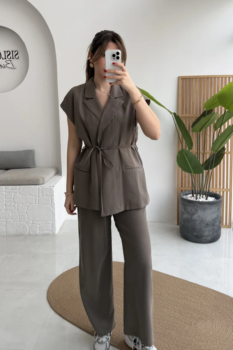 İp Bağlamalı Yelek Pantolon Takım - Haki - Kod: 8021 4041