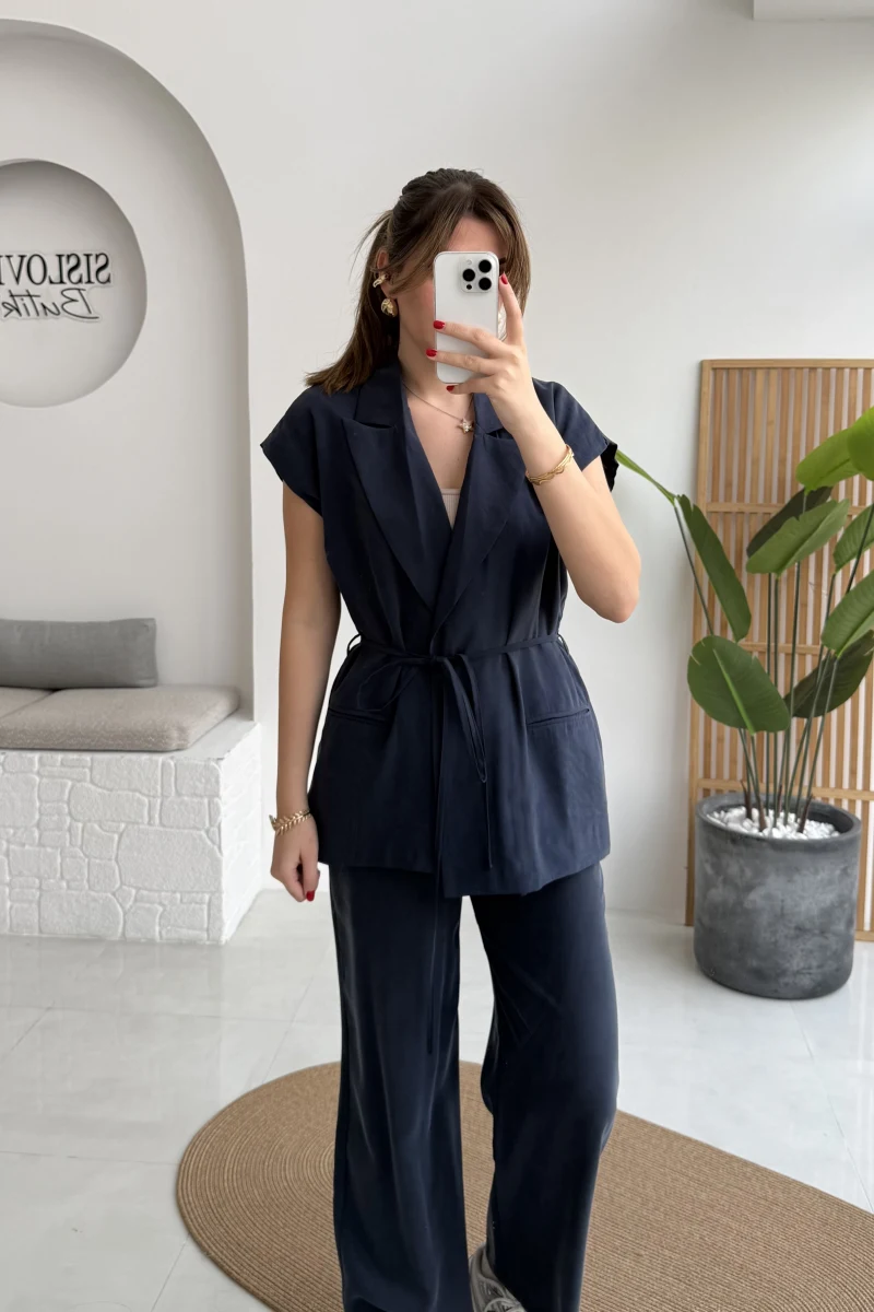 İp Bağlamalı Yelek Pantolon Takım - Lacivert - Kod: 8021 4041