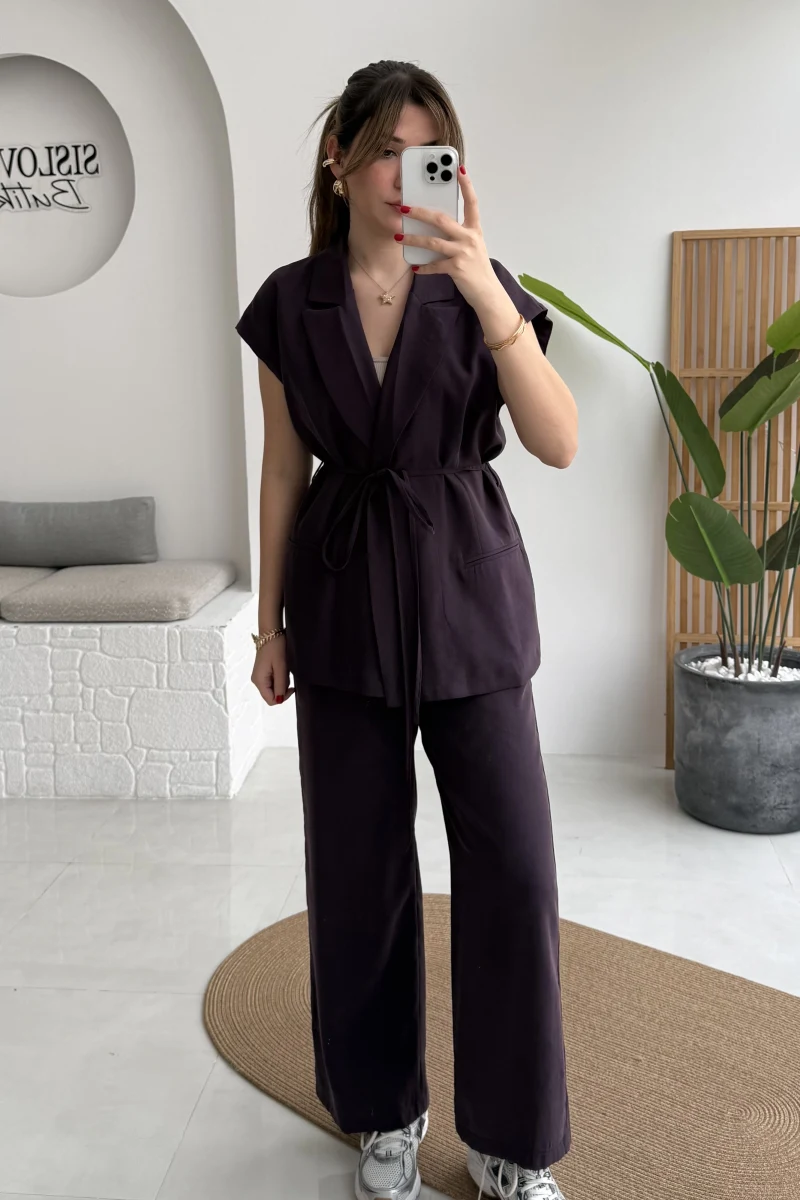 İp Bağlamalı Yelek Pantolon Takım - Mürdüm - Kod: 8021 4041