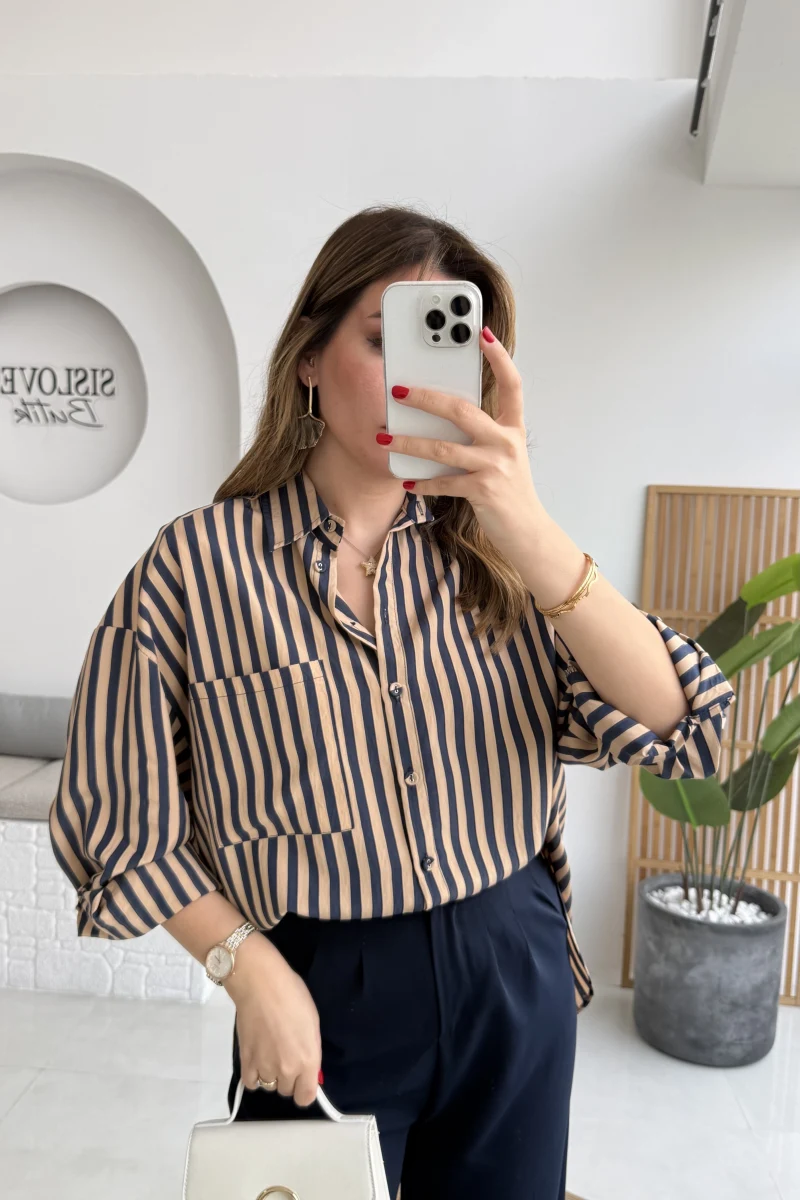 Luena Çizgili Gömlek - Camel-Lacivert - Kod: 4969