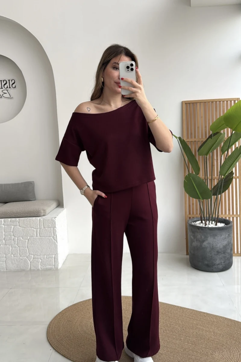 Sophia Kayık Yaka Yarım Kol Takım - Bordo