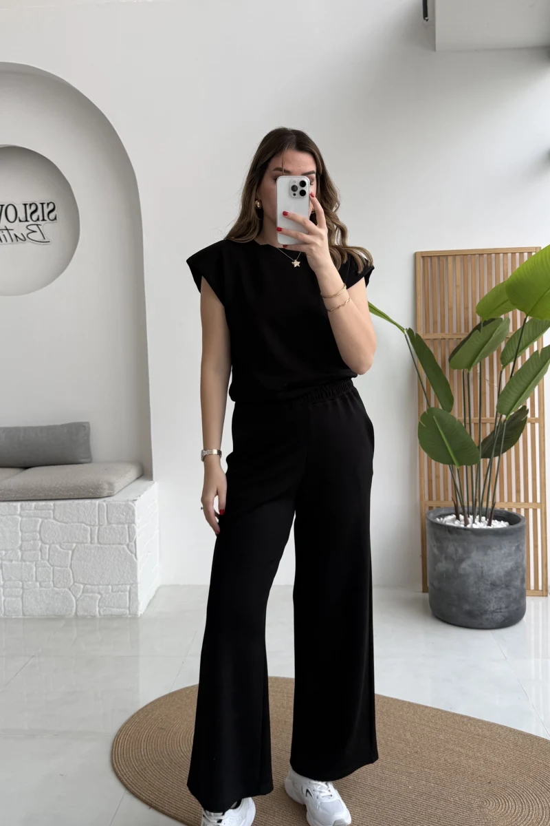 Nathalie Vatkalı Sıfır Kol Takım - Siyah