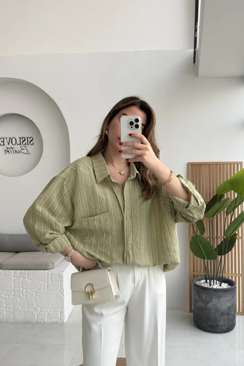 Tensel Oversize V Yaka Çizgili Gömlek - Haki - Kod: 4758