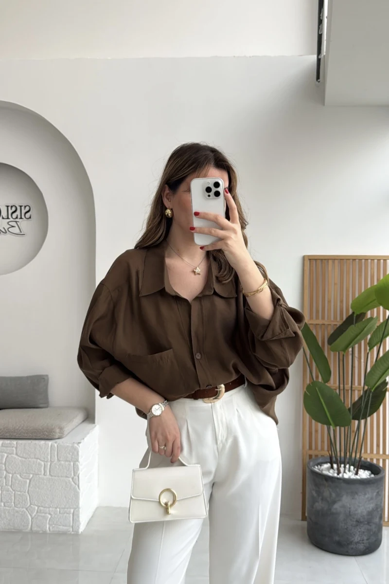 Kahverengi Oversize Tensel Gömlek Kod: 4612