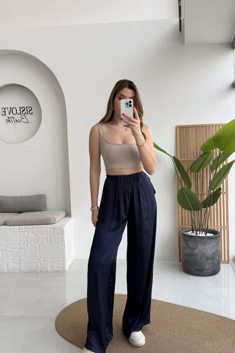 Bel Ortası Lastikli Saten Pantolon - Lacivert - Kod: 51297