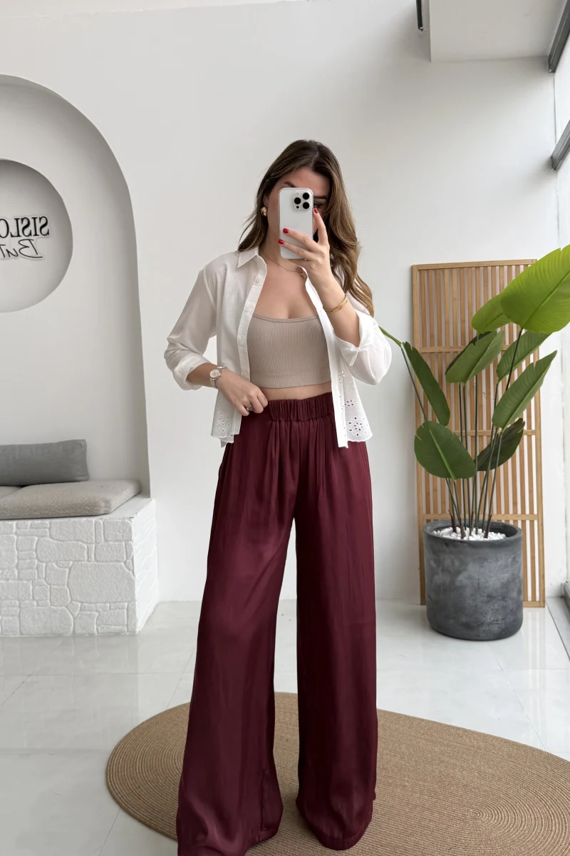 Bel Ortası Lastikli Saten Pantolon - Bordo - Kod: 51297