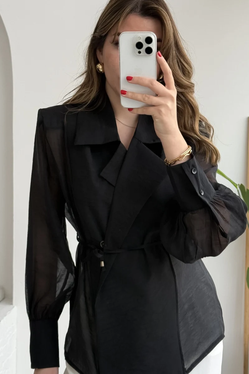 Maisie Vatkalı Transparan Bağlamalı Gömlek - Siyah - Kod: 5029