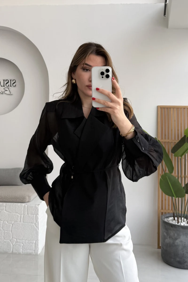 Maisie Vatkalı Transparan Bağlamalı Gömlek - Siyah - Kod: 5029