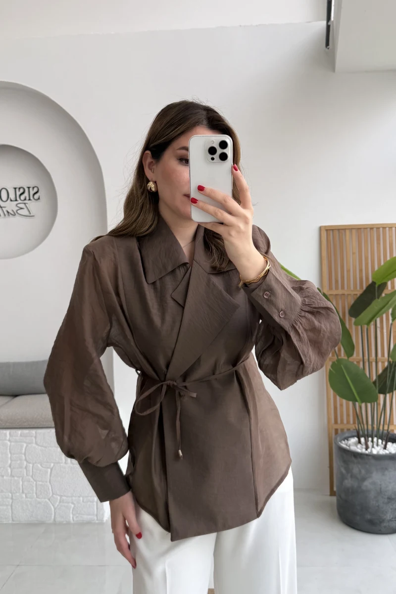 Maisie Vatkalı Transparan Bağlamalı Gömlek - Kahve - Kod: 5029