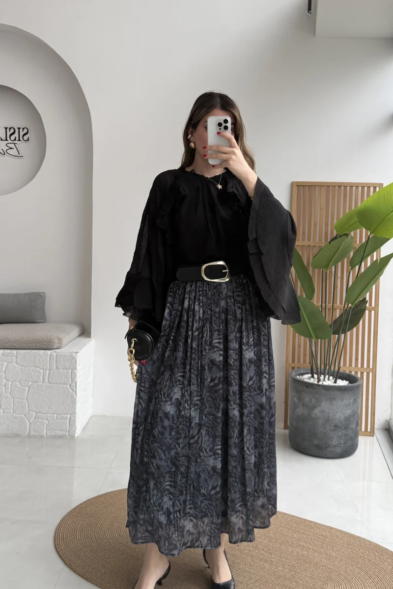 Berry Kemerli Desenli Piliseli Etek - Füme - Kod: 3375