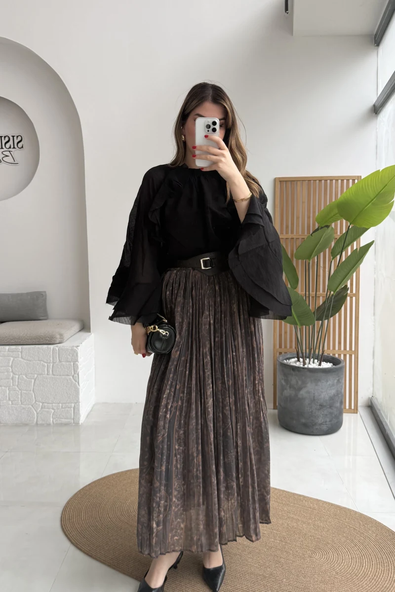 Faylinn Kemerli Baskılı Etek - Kahverengi - Kod: 3374