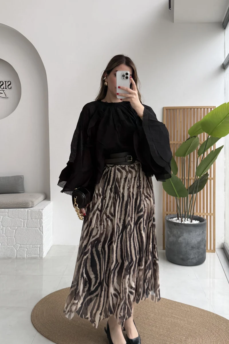 Mabel Kemerli Parçalı Etek - Kahve -Kod: 3370