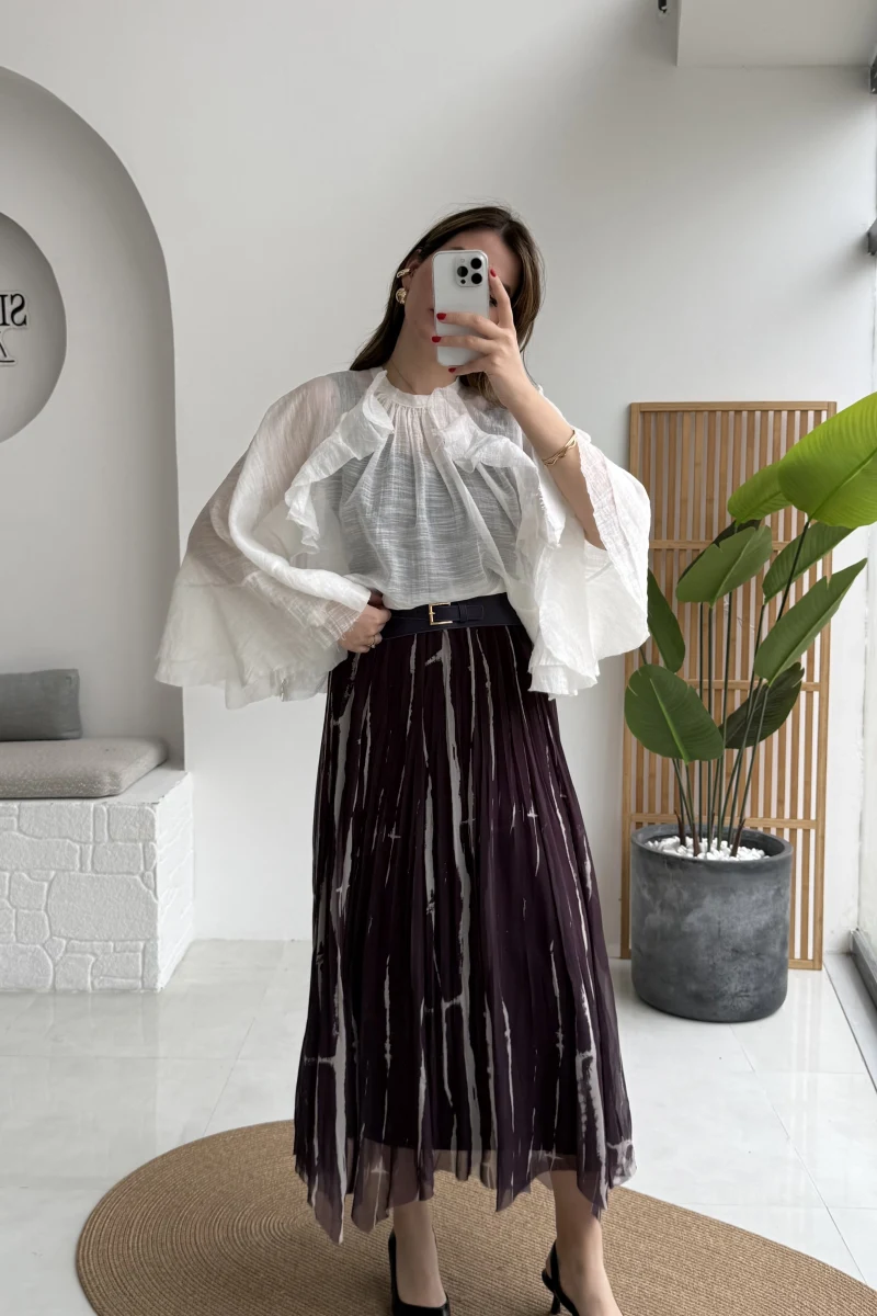 Parçalı Kemerli Asimetrik Kesim Etek - Mürdüm - Kod: 3369