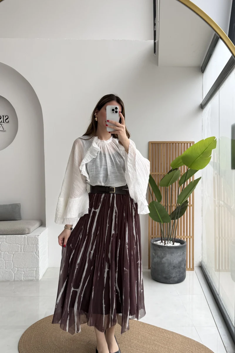 Parçalı Kemerli Asimetrik Kesim Etek - Kahve - Kod: 3369