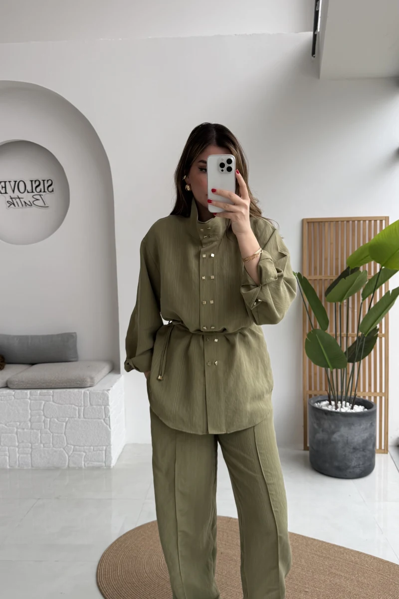 Geniş Yaka Bağcıklı Gömlek Pantolon Takım - Haki - Kod: 51298