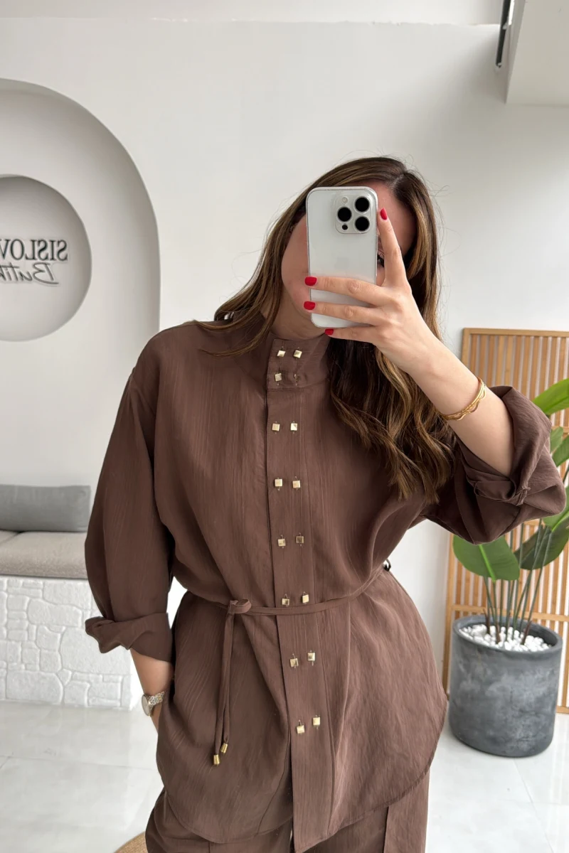 Geniş Yaka Bağcıklı Gömlek Pantolon Takım - Kahve - Kod: 51298