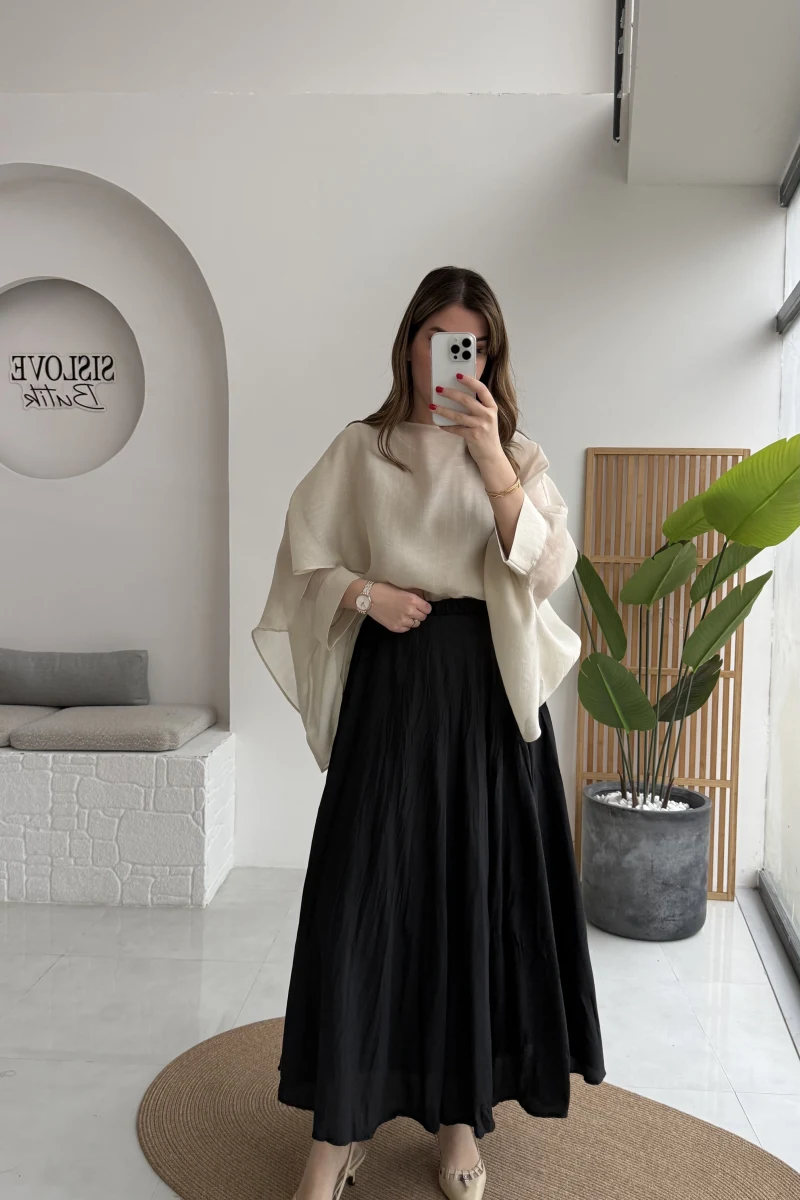 Pole Astarlı Kırışık Kloş Etek - Siyah - Kod: 3000