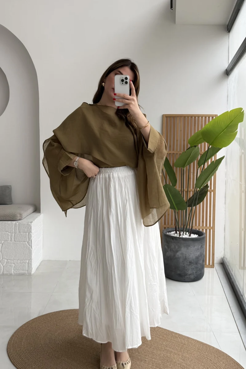 Pole Astarlı Kırışık Kloş Etek - Beyaz- Kod: 3000