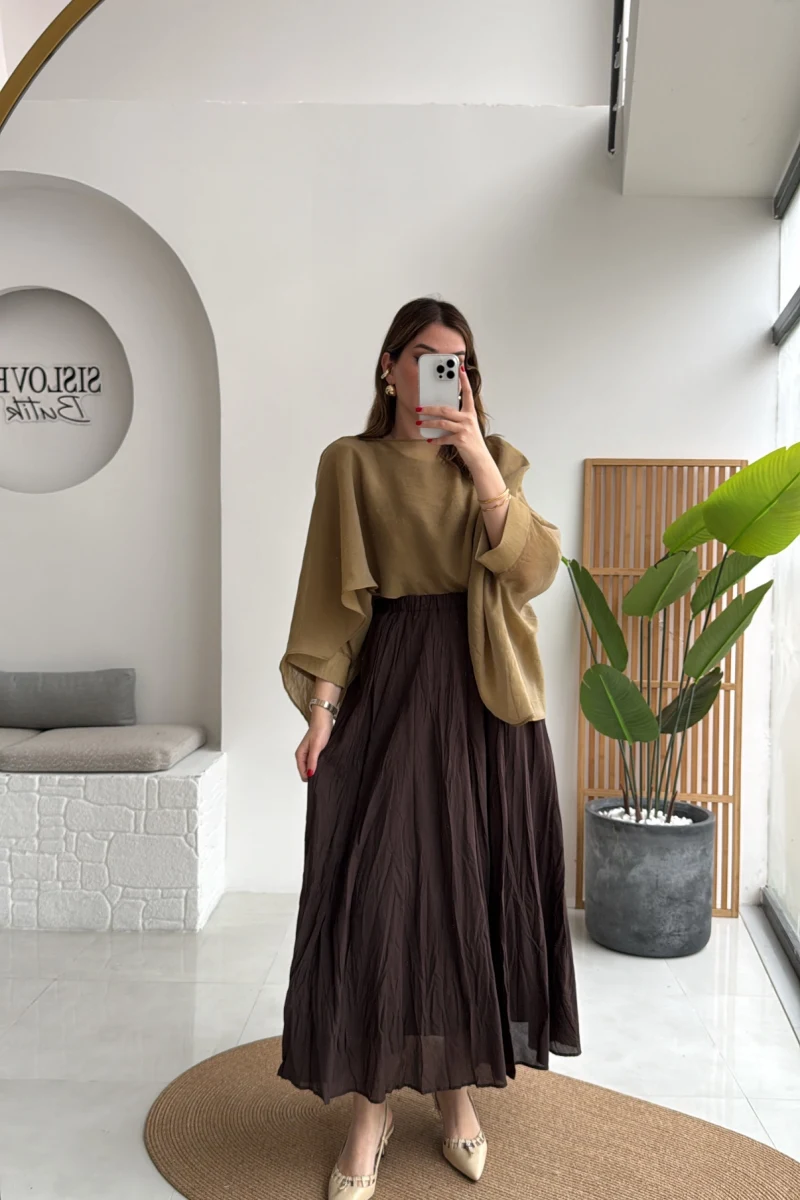 Polis Astarlı Kırışık Kloş Etek - Kahverengi - Kod: 3000