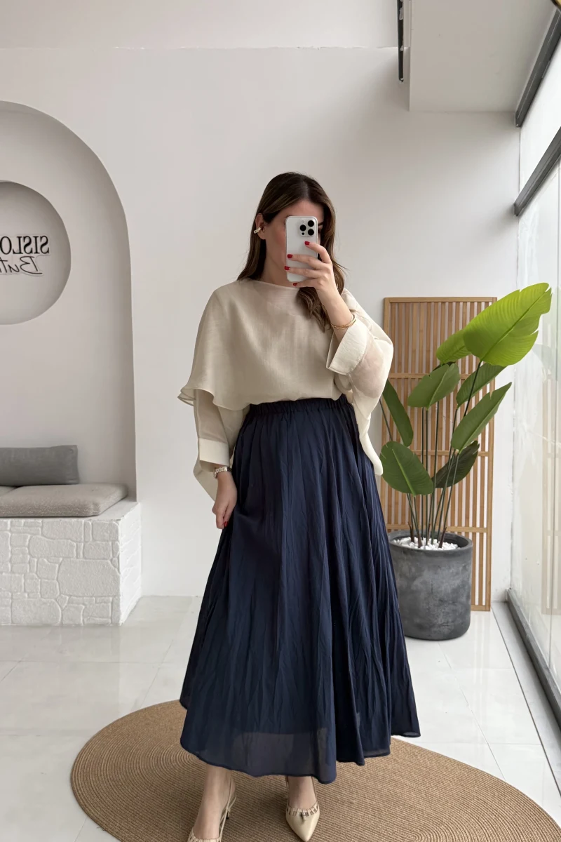 Pole Astarlı Kırışık Kloş Etek - Lacivert - Kod: 3000