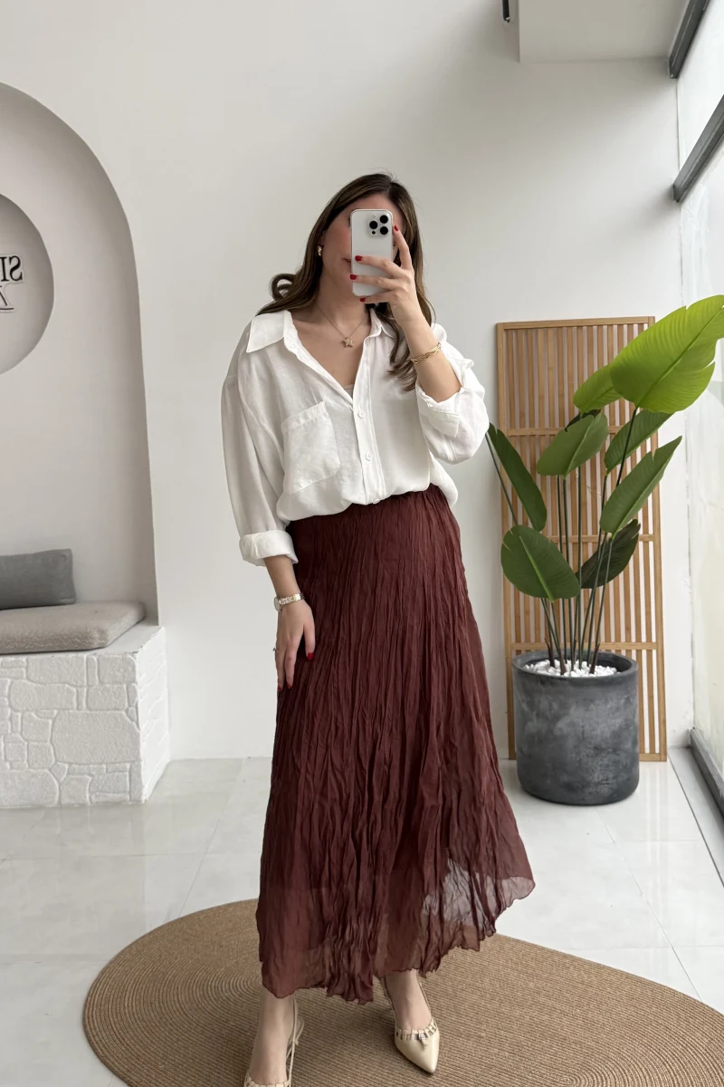 Astarlı Kırışık Beli Lastikli Etek - Tarçın - Kod: 3207