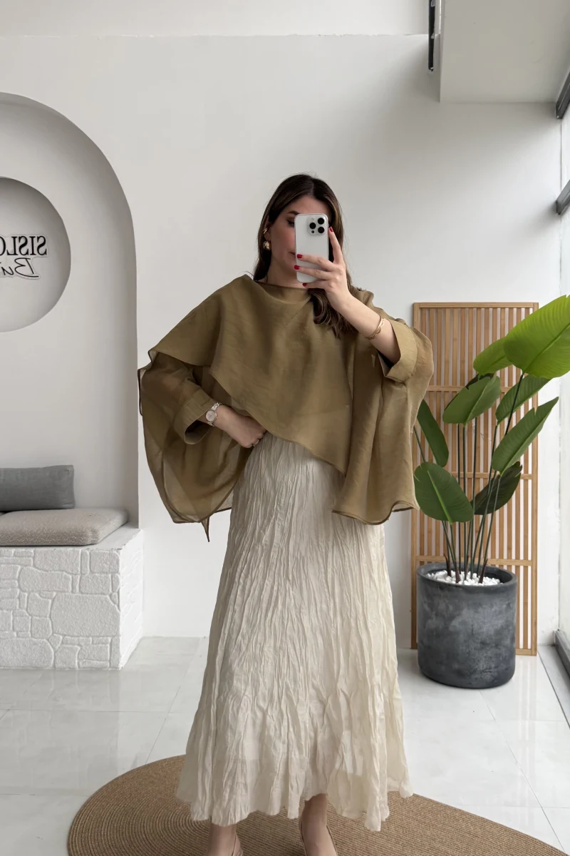 Astarlı Kırışık Beli Lastikli Etek - Taş - Kod: 3207