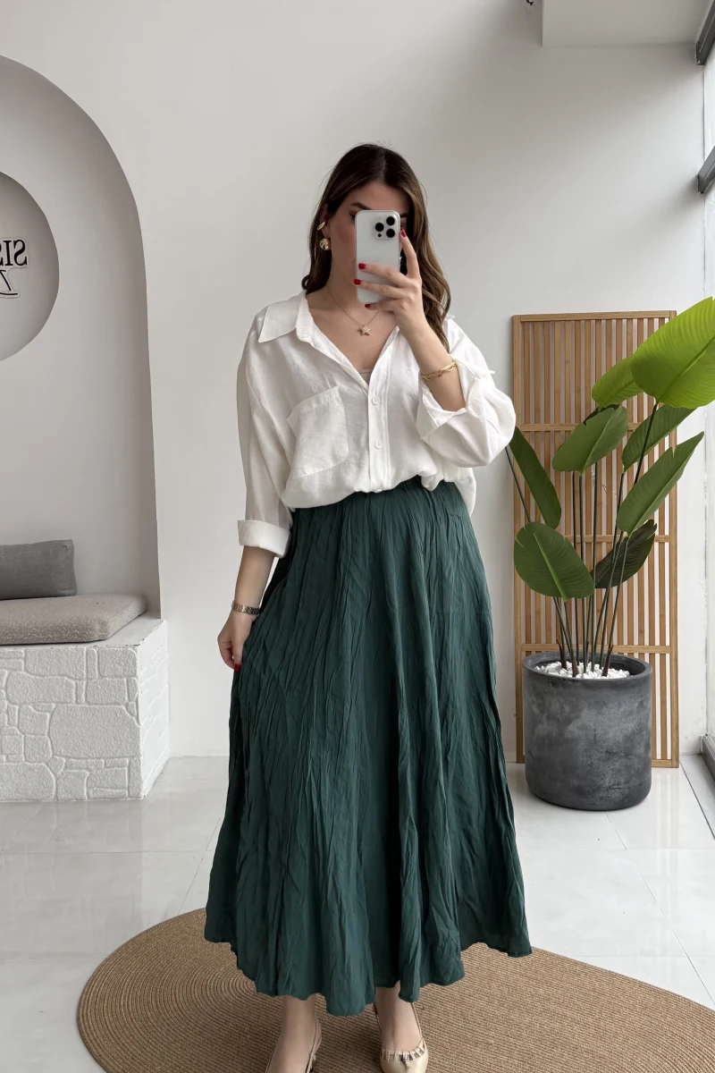 Astarlı Kırışık Beli Lastikli Etek - Zümrüt - Kod: 3207