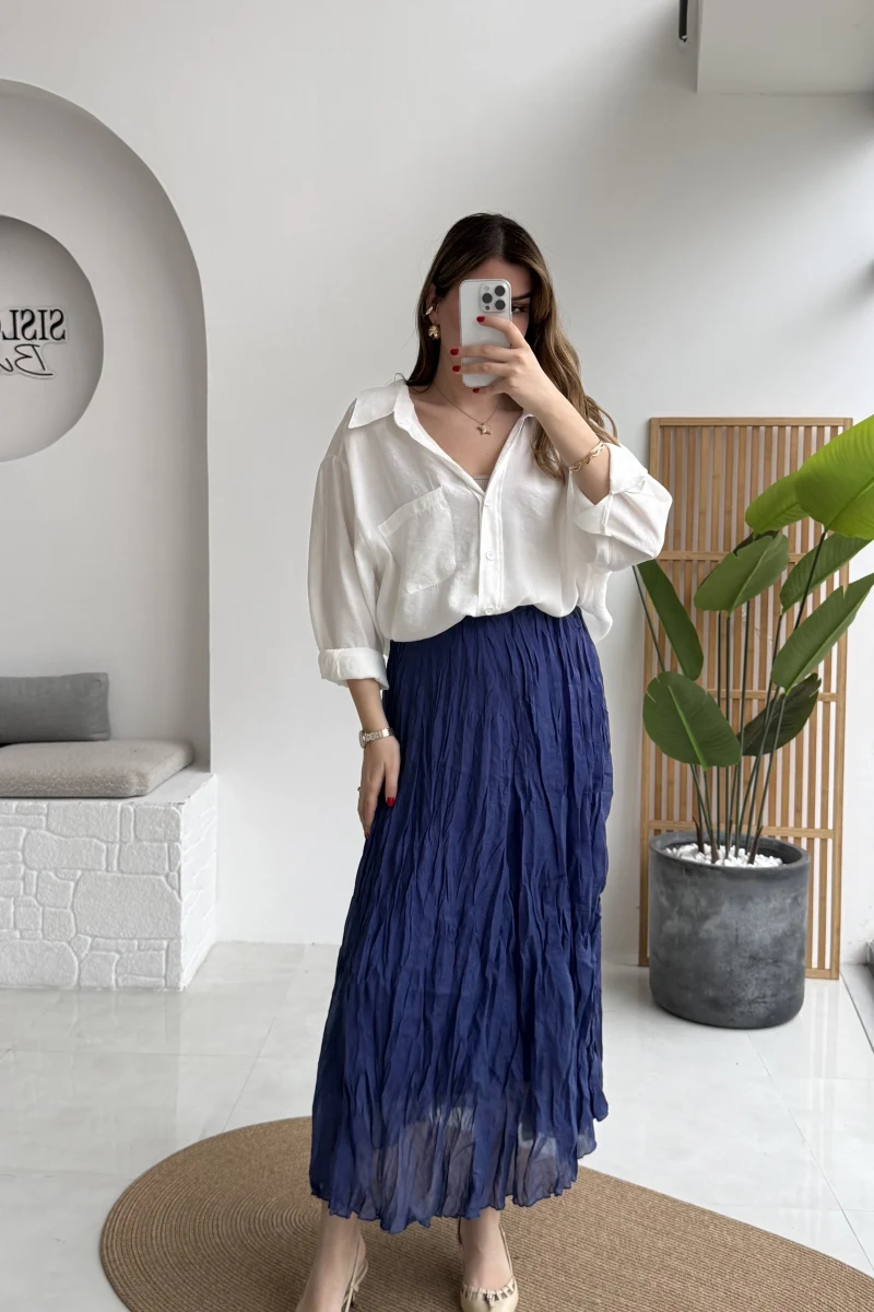 Astarlı Kırışık Beli Lastikli Etek - Lacivert - Kod: 3207