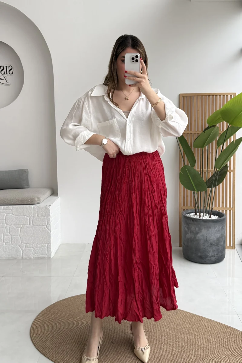 Astarlı Kırışık Beli Lastikli Etek - Kırmızı - Kod: 3207