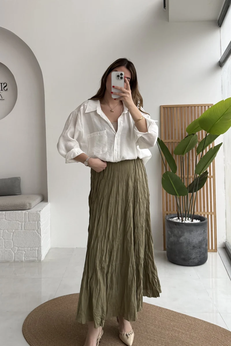 Astarlı Kırışık Beli Lastikli Etek - Haki - Kod: 3207