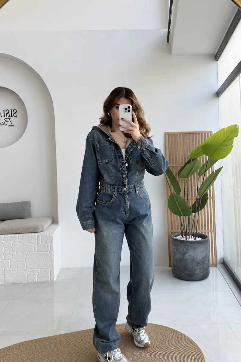 Baggy Kapüşonlu Denim Tulum - Kod: 1455