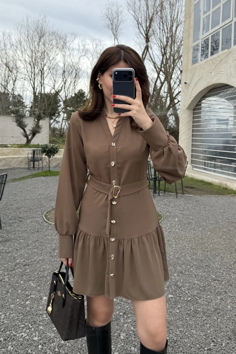 Gabriela Kemerli Gold Düğmeli Mini Elbise - Vizon - Kod: 0922