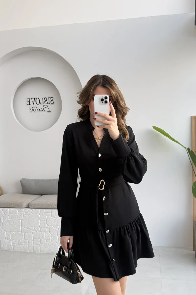 Gabriela Kemerli Gold Düğmeli Mini Elbise - Siyah - Kod: 0922