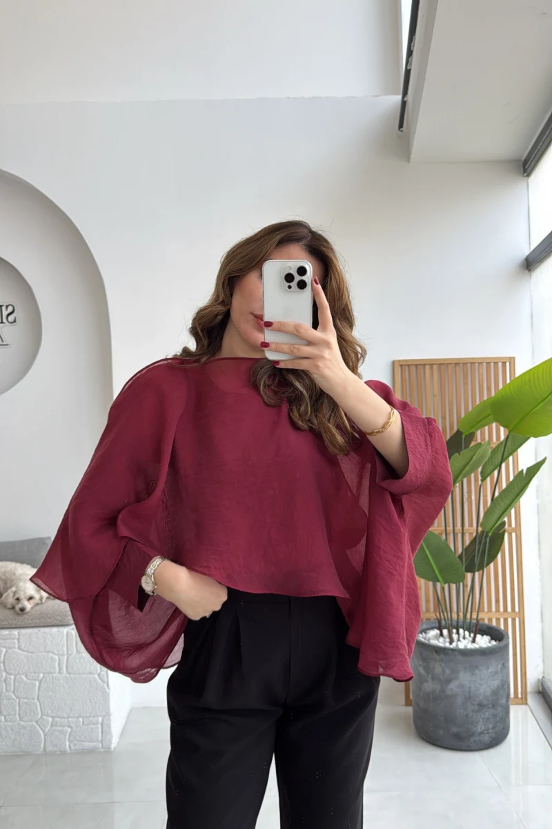 Uçuşan Pelerin Bluz - Bordo - Kod: 5026