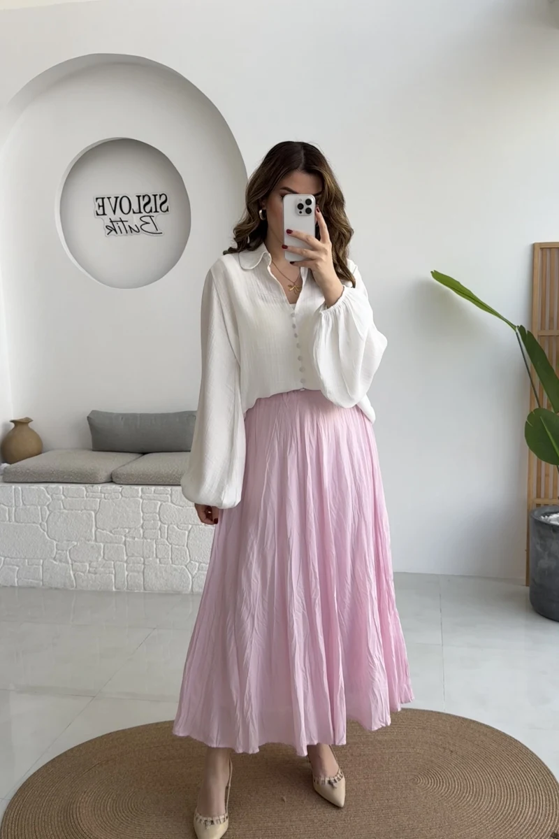 Pole Astarlı Kırışık Kloş Etek - Pembe - Kod: 3000