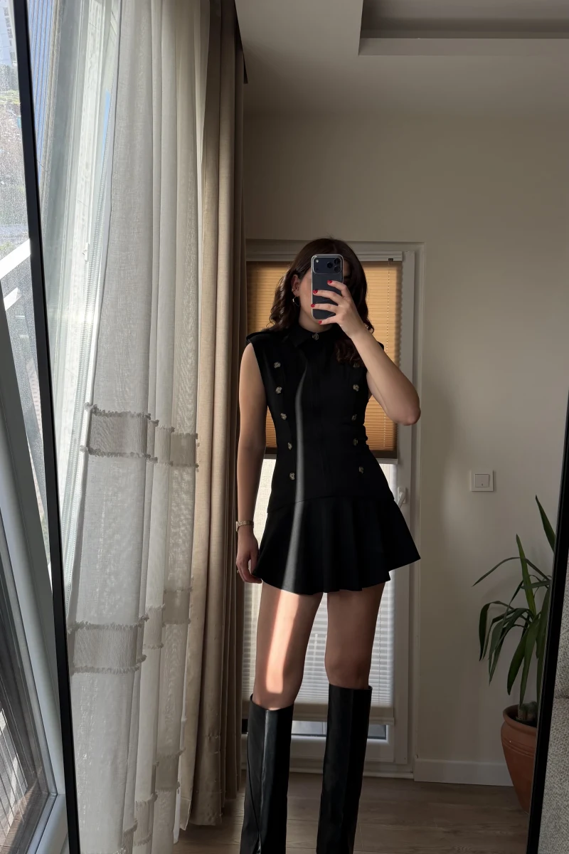 Drapeli Vatkalı Midi Elbise - Siyah - Kod: 4100