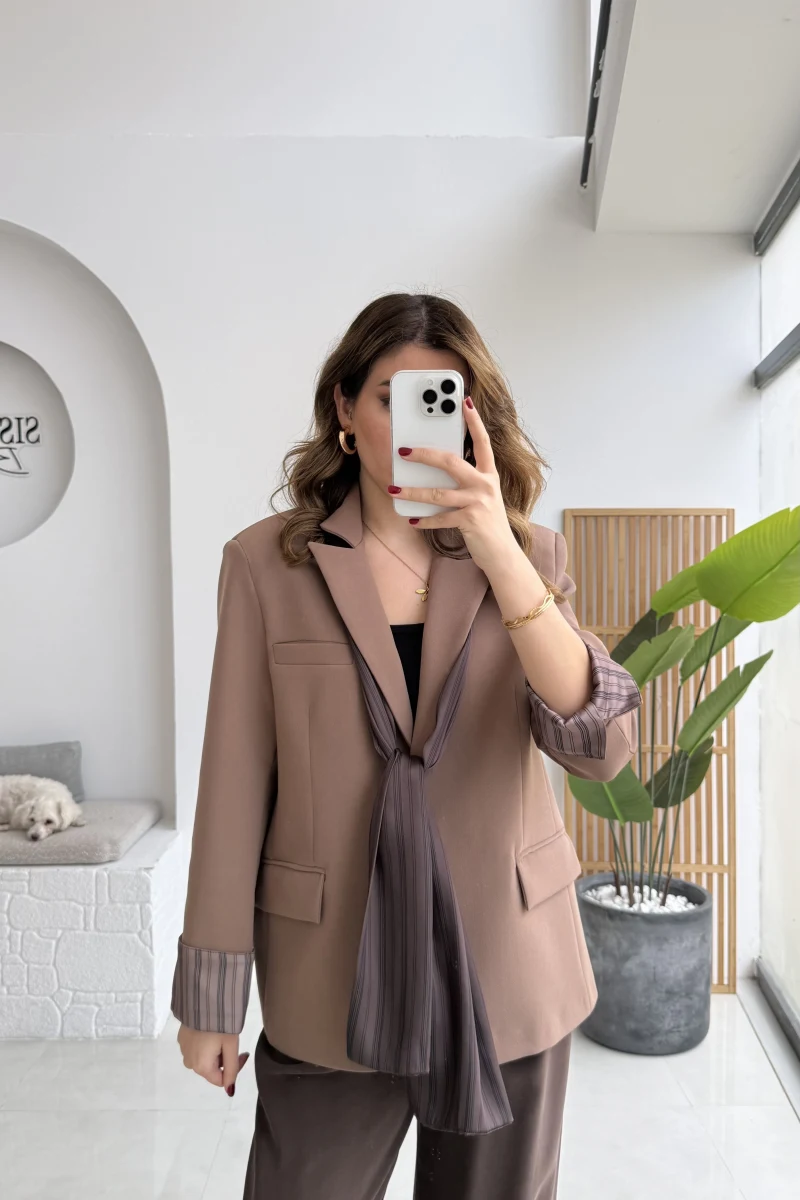 Wınslet Çizgili Fularlı Atlas Blazer Ceket - Kahve - Kod: 9722