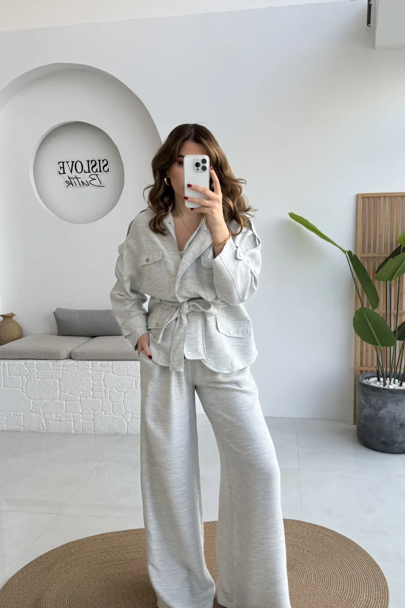 Emma Kuşaklı Ceket Pantolon Takım - Gri - Kod: 9701