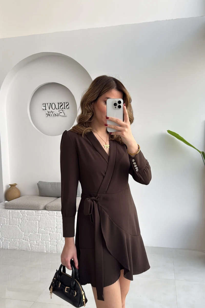 Kruvaze Yaka Önden Bağlamalı Mini Elbise - Kahverengi - Kod: 0923