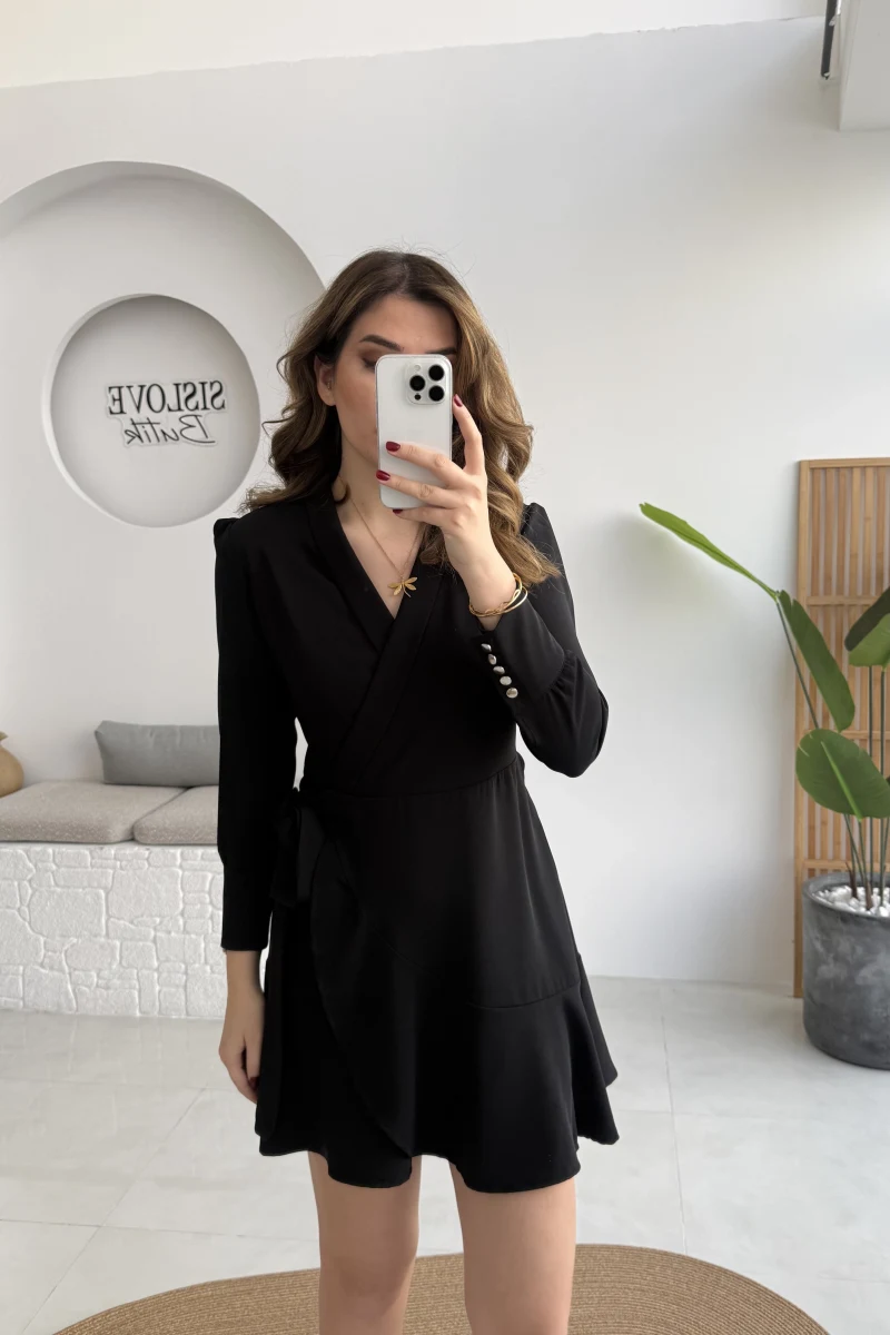 Kruvaze Yaka Önden Bağlamalı Mini Elbise - Siyah - Kod: 0923