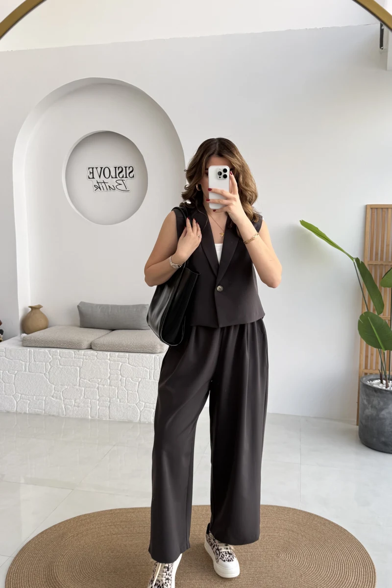 Kelly Yelek Pantolon Takım - Koyu Kahve - Kod: 9588