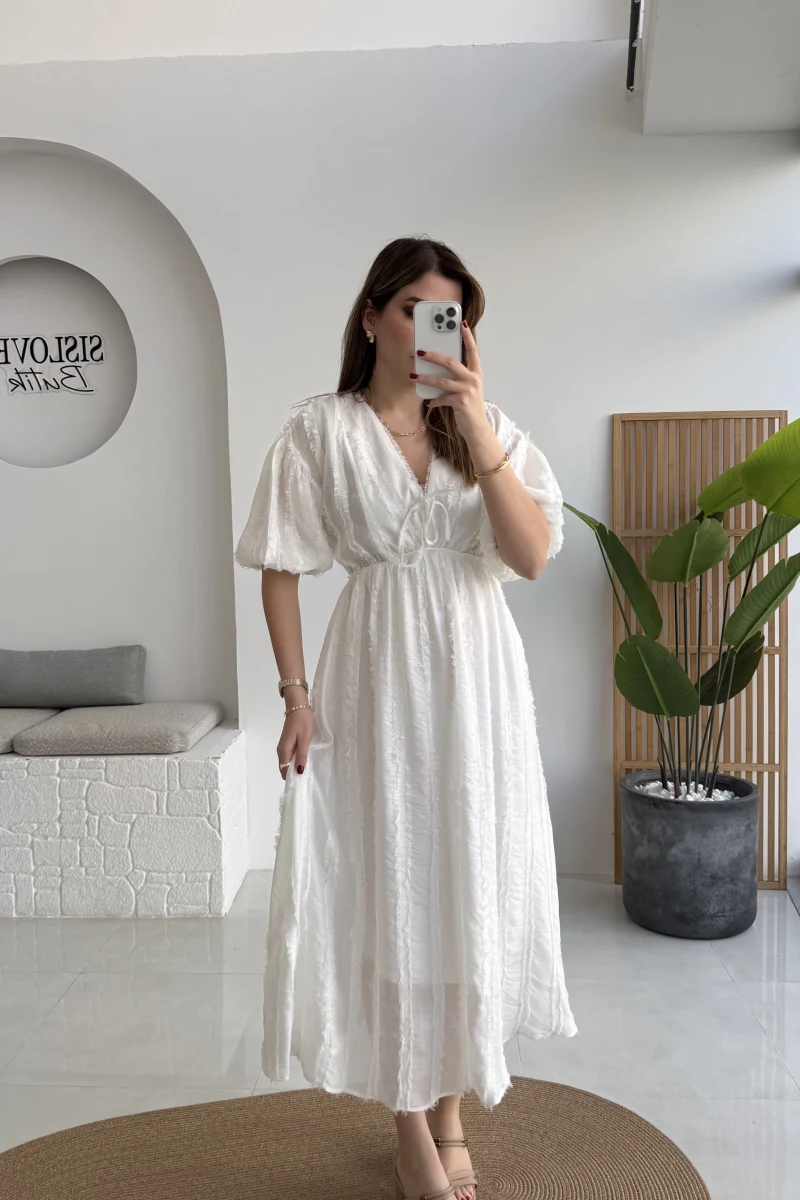 Alise Püsküllü V Yaka Balon Kol Elbise - Ekru - Kod: 3075