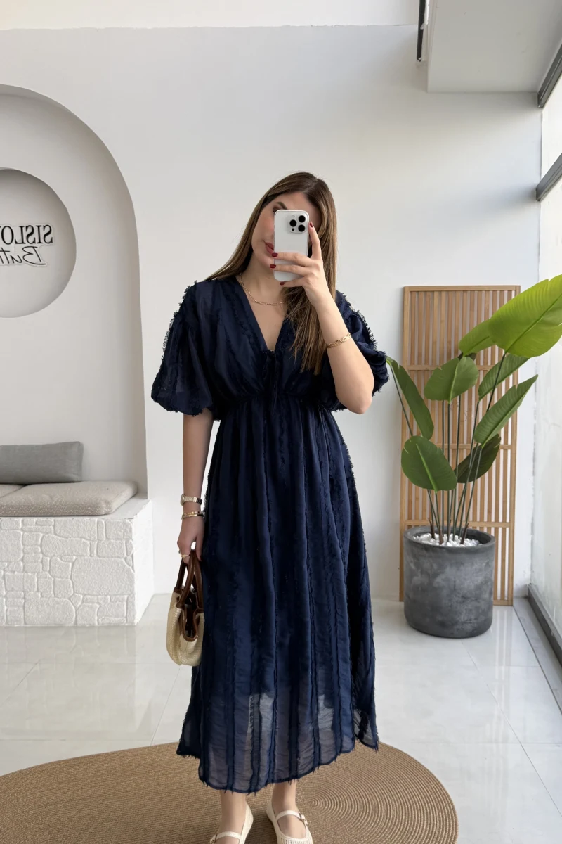 Alise Püsküllü V Yaka Balon Kol Elbise - Lacivert - Kod: 3075