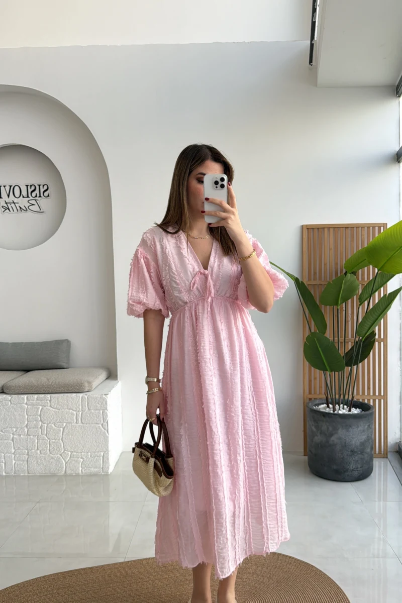 Alise Püsküllü V Yaka Balon Kol Elbise - Pembe - Kod: 3075
