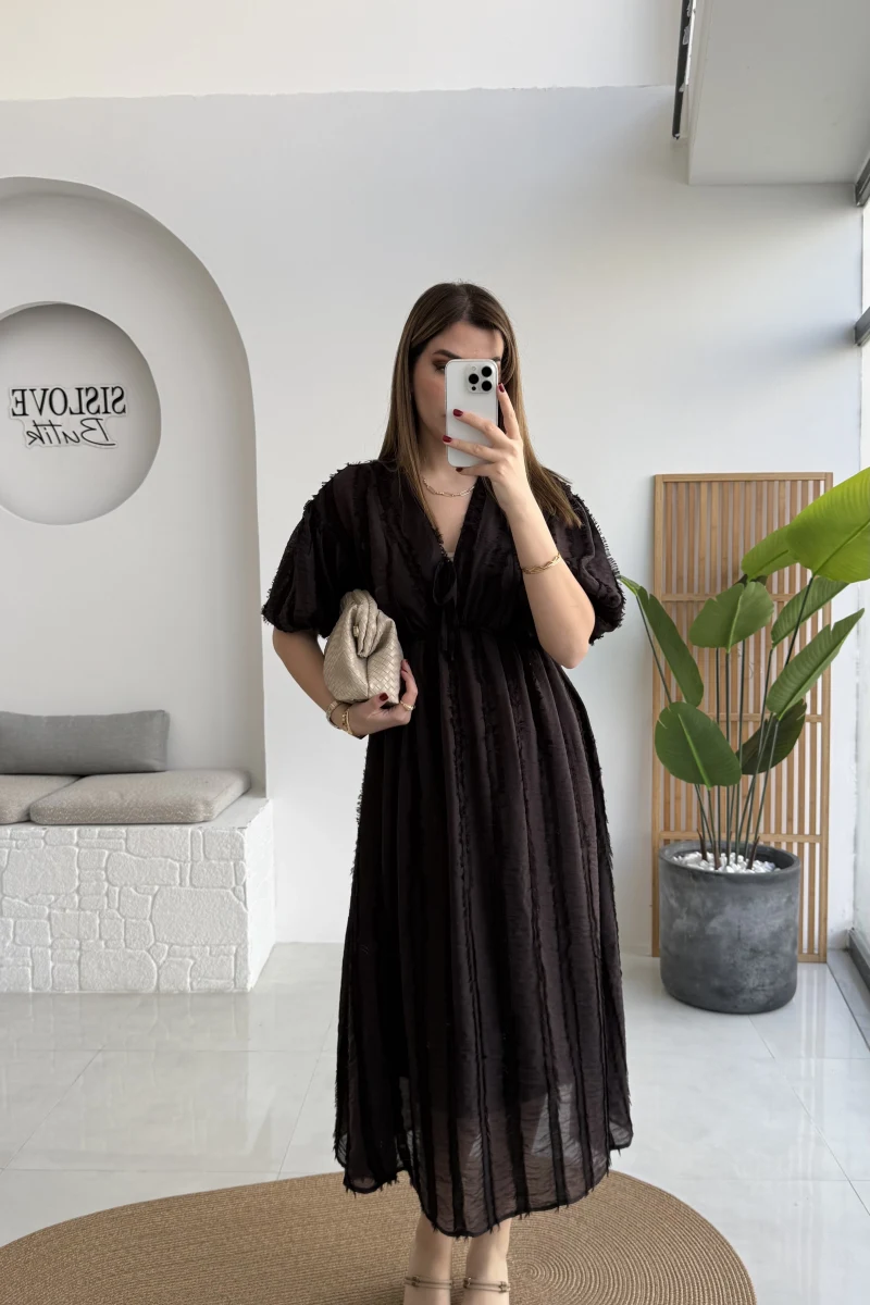 Alise Püsküllü V Yaka Balon Kol Elbise - Acı Kahve - Kod: 3075